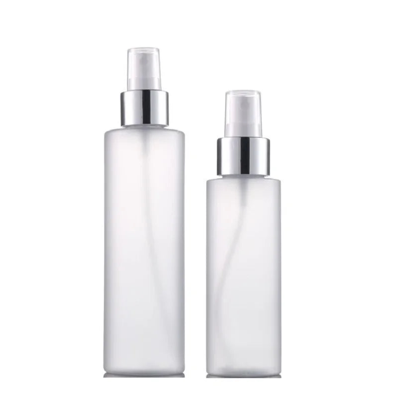 Mist Spray Bottle 100ML 150ML 200ML Frost Plastic PET Shiny Silver Collar Flat Shoulder Empty Refillable Cosmetic Packing Bottle