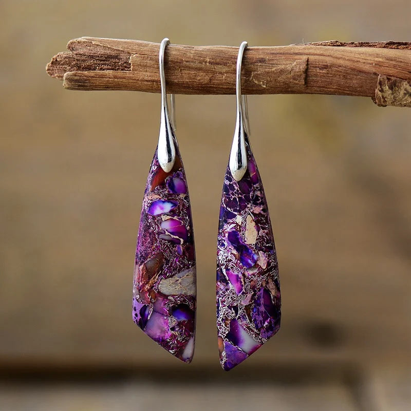Chunky 18K Gold Plated Empire Jasper Pendant & Boho-Chic Leaf Earrings Ethnic Natural Stone Women's Jewelry Drop Fashion Style
