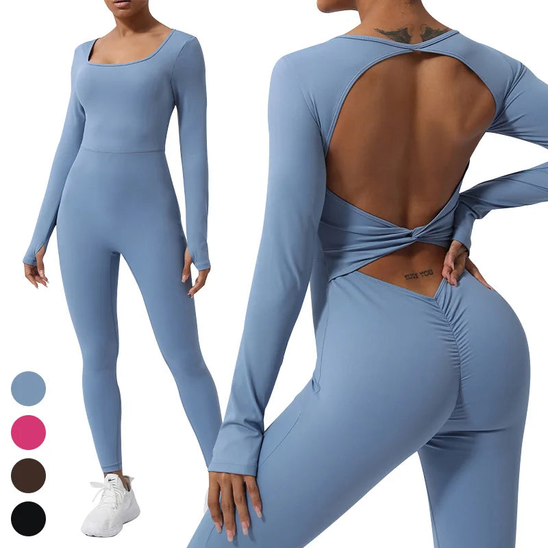 Quick Dry Butt Lifting Bodysuit Sexy Backless Workout Rompers Long Sleeve Gym Fitness Jumpsuits Women One Piece Yoga Jumpsuit
