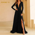 Clothing Factory Wholesale Custom V Neck Split Thigh Long Sleeve Sexy Polyester Fabric  Women Evening Fashion Casual Maxi Dress