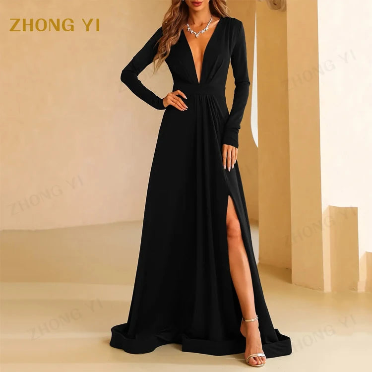 Clothing Factory Wholesale Custom V Neck Split Thigh Long Sleeve Sexy Polyester Fabric  Women Evening Fashion Casual Maxi Dress
