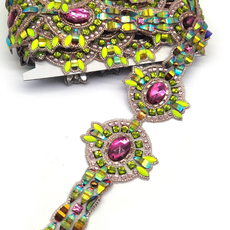 New African Lace Trim Rhinestone Embroidered Lace Pattern Heat Transfer Moti  Chain Trim for Nigeria Women Clothing
