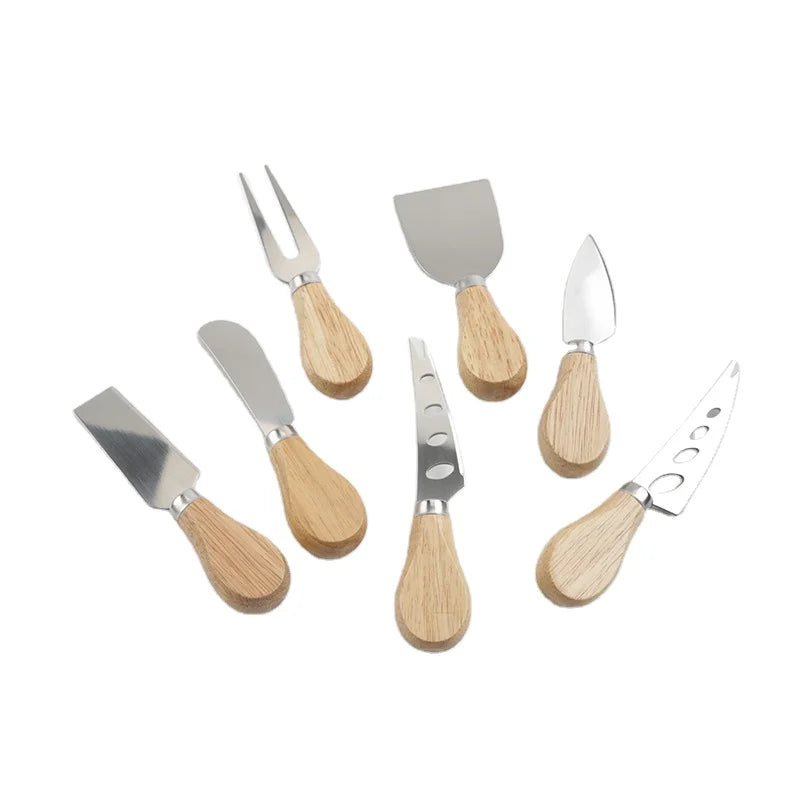 Premium 7-Piece Cheese Knife Set with Oak Wood Handle Laser Logo Stainless Steel Cheese Graters
