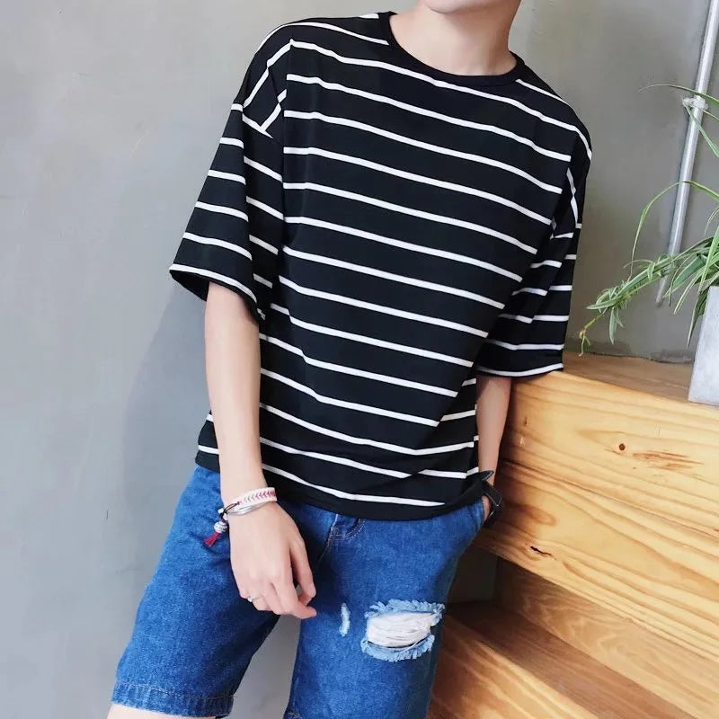Wholesale Summer Striped Short-sleeved T-shirts Trim Men Half Sleeved Round Neck Bottoms