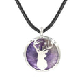 Natural Gemstone Silver Deer Pendant Necklace for Women Men Healing Chakra Quartz Round Circle Animal Choker Jewelry
