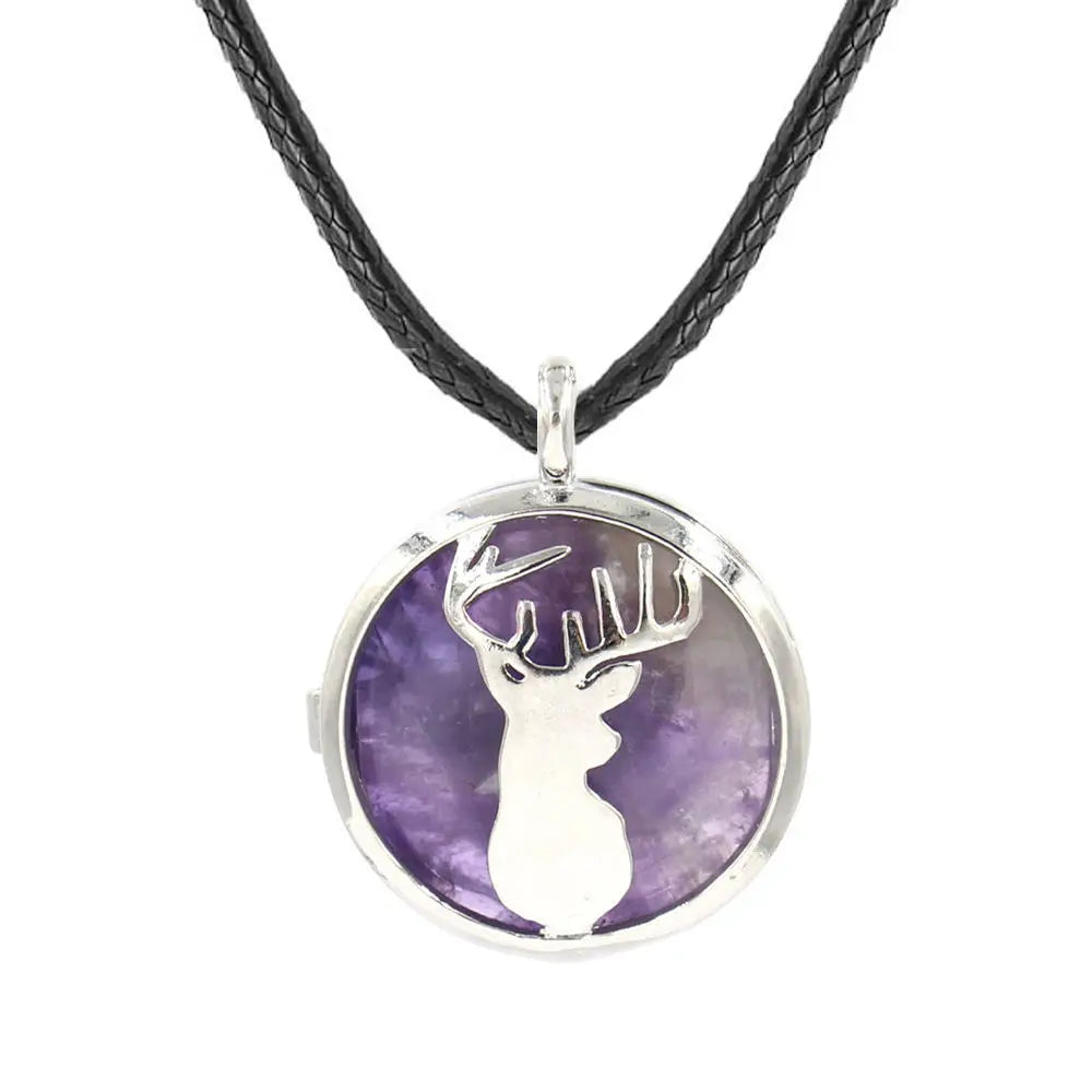Natural Gemstone Silver Deer Pendant Necklace for Women Men Healing Chakra Quartz Round Circle Animal Choker Jewelry