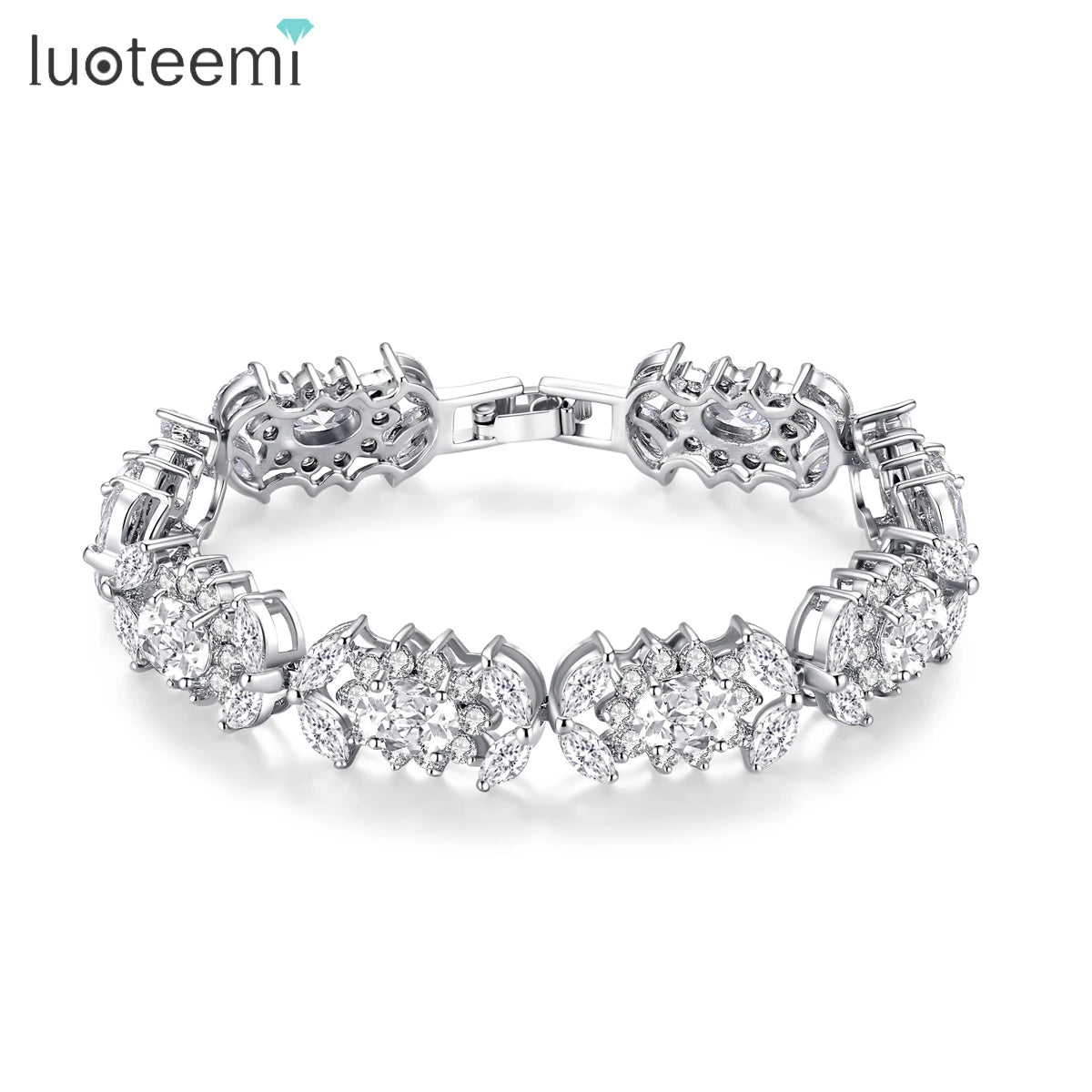 LUOTEEMI Rhodium Plated Queen Flower Design Luxury Sparkling Cubic Zirconia Diamond Fashion Women Wedding Jewelry Bracelet
