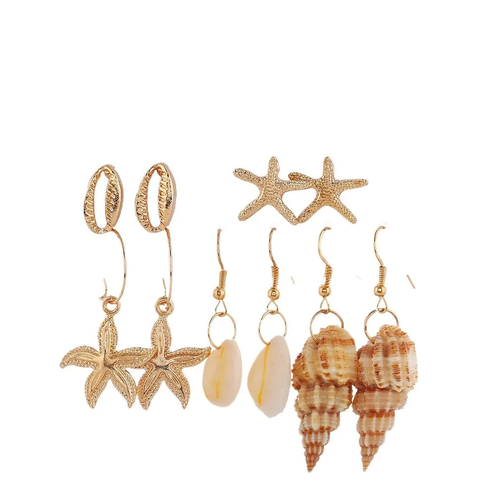 Wholesale Beach Wind Golden Shell Conch Sea Star Five Pair Combination Earrings Beach Wind Women's Earrings