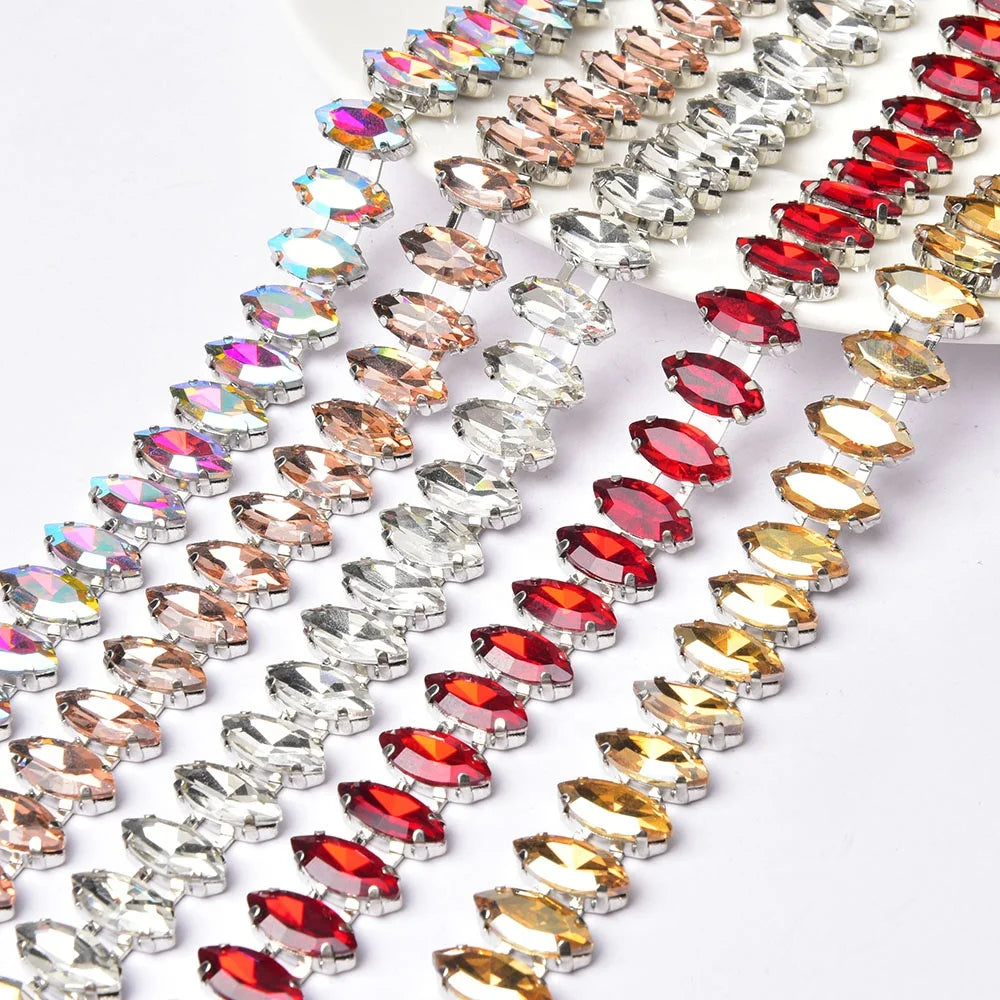 Custom Handmade Array 7*15mm Horse Eye Rhinestone Cup Chain Bling Glass Crystal Metal Trim Ribbon Sew on Clothing Accessories