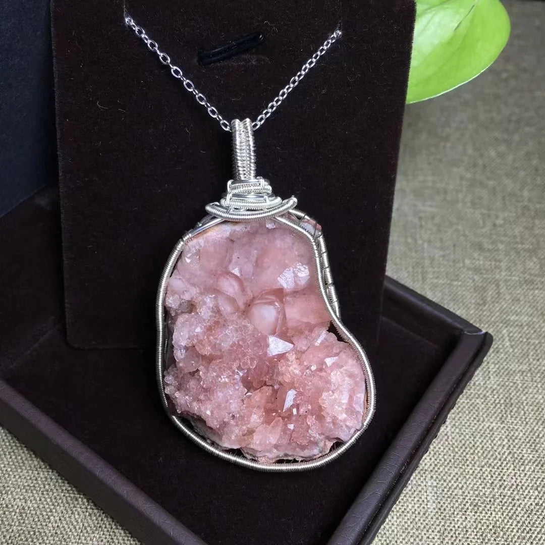 Handmade Wire Wrapped Natural Crystal Healing Stone Fine Jewelry pink Amethyst Cluster Pendant Necklace