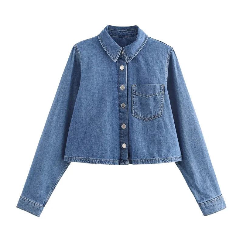 ZATRHMBM Summer Women's Shirts 2024 New Fashion Casual Denim Shirts Retro Lapel Long Sleeve Casual Elegant Ladies Shirts