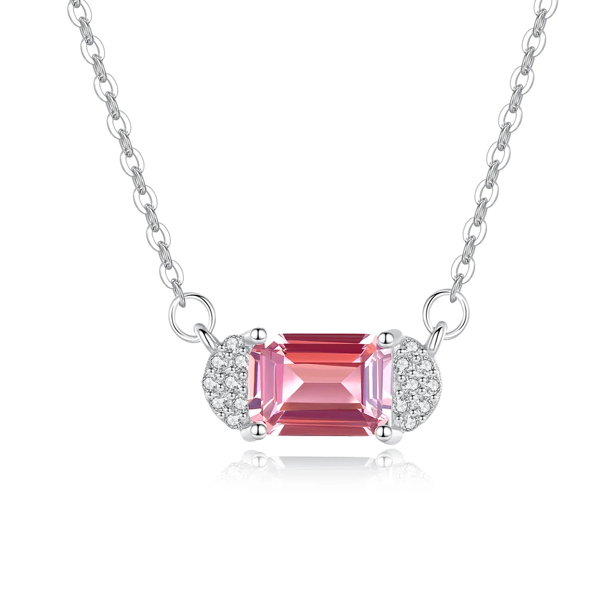 100% Silver Women Necklace Emurald Cut Pink Man Made Gemstone Pendant Necklace S925 Sterling Fine Jewelry Factory Wholesale