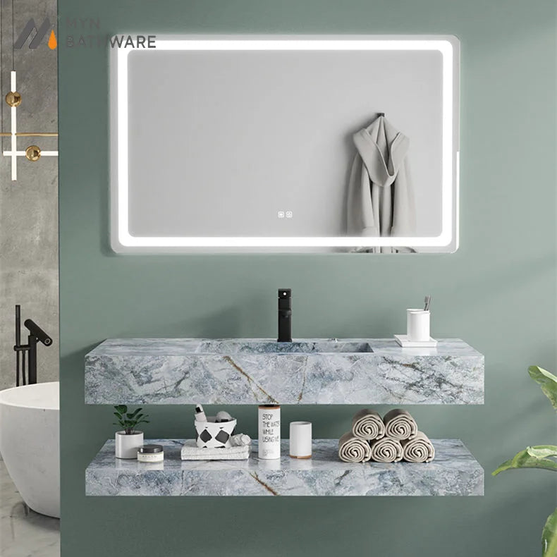 Modern New Sintered Stone Wall Mounted Light Mirrored Cabinets Bathroom Vanity Wash Basin Sink Set