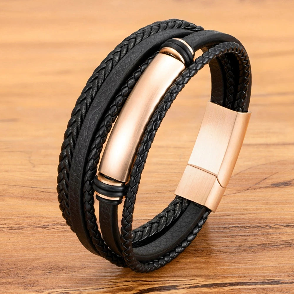 QIKU Trendy Multilayer Braided Men Leather Bracelet Stainless Steel Magnetic Clasp Three Colors Charm Bangles Jewelry Wholesale