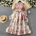 European and American Court Style Retro V-neck Lantern Sleeve Design Big Swing Print Dress