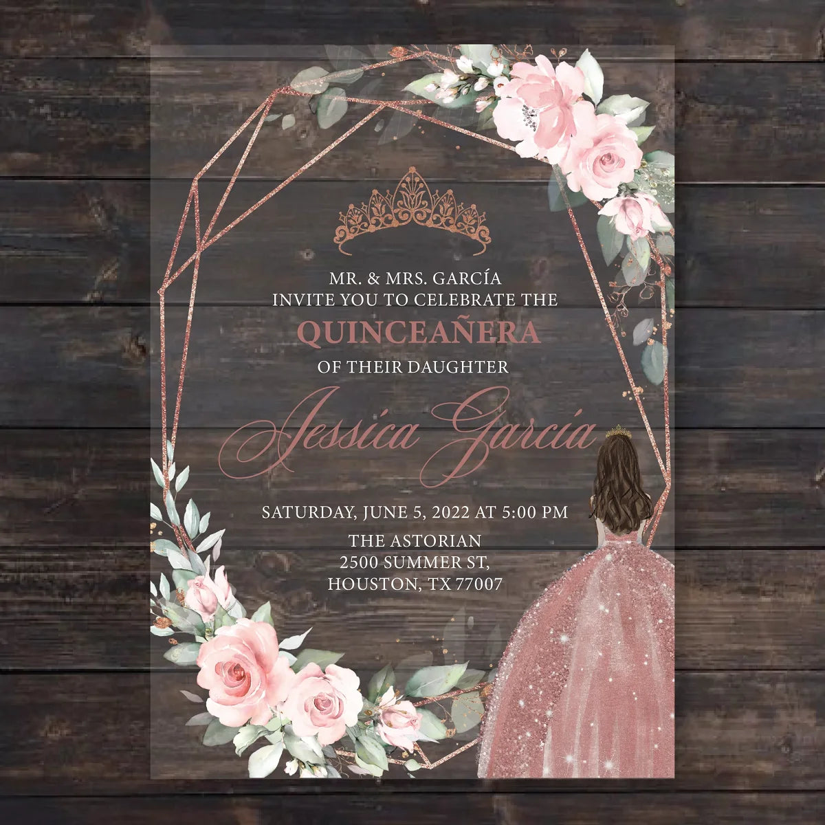 Luxury Floral Printing Pink Inivitaciones De Xv Anos Dresses Sweet 15 Old 16 Years Quinceanera Quince Acrylic Invitation Card