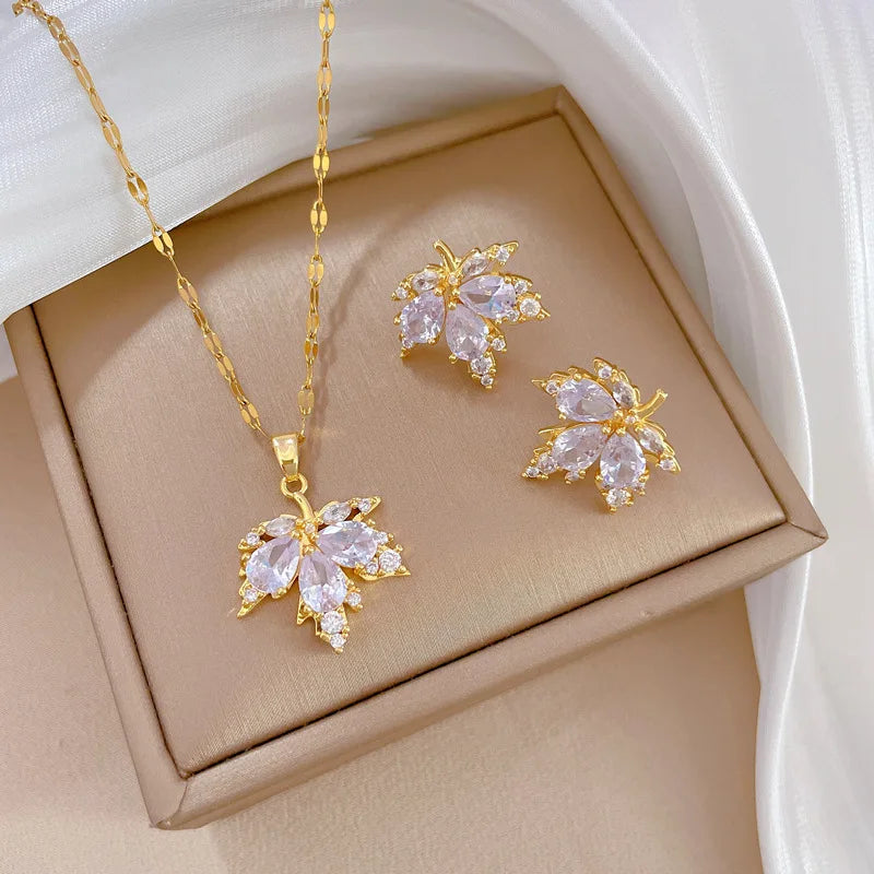 Custom Geometric Gold Plated Diamond Crystal Women Jewelry Set Stainless Steel Personalize Necklace and Earrings Set
