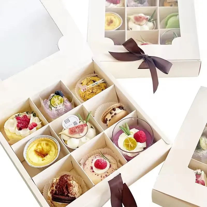 Ready to Ship 9 Divider Food Bread Cake Candy Macaron Donuts Dessert Gift Paper Box With Clear Window Lid and Ribbon
