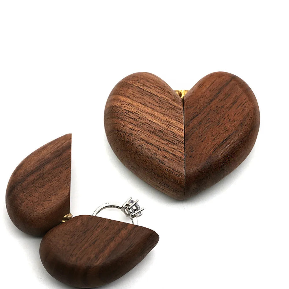 Wood Black Walnut Heart Wedding Luxury Jewellery Packaging Engagement Ring Box Wooden Jewelry Ring Box