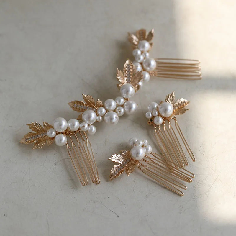 SLBRIDAL Handmade Alloy Leaf Crystal Rhinestones Porcelain Flower Pearls Bridal Hair Comb Wedding Hair Accessories Women Jewelry