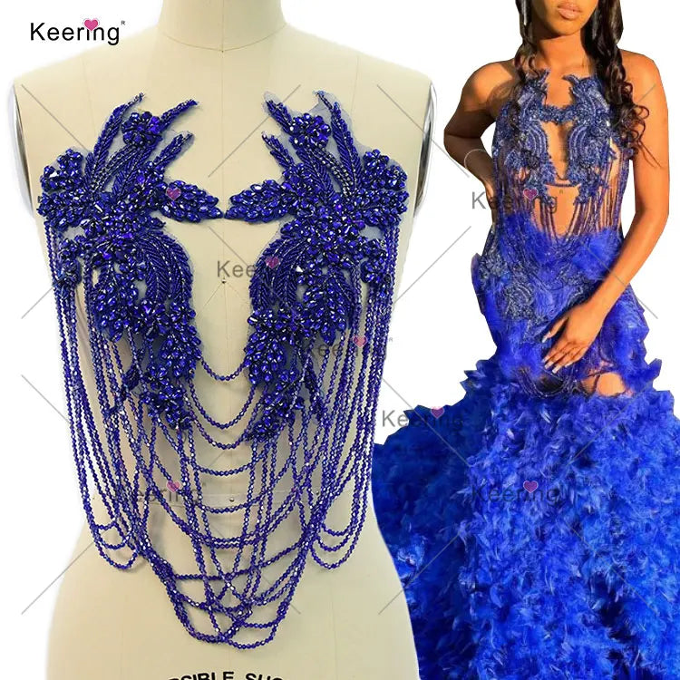 WDP-297 Beautiful Jewel Shoulder Flowers Rhinestones Crystal Fringes Diamond Embroidery Patch Applique for Gown