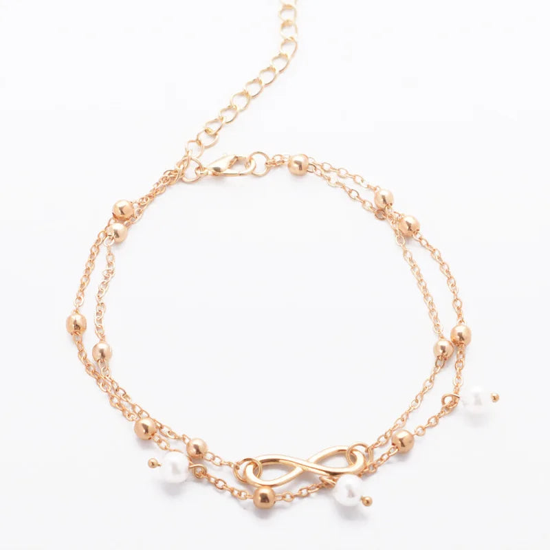 Fashion Pearl Number Gold Plating Lucky Figure 8 Simple Foot Ornament Pearl Star Pendant Gold Plated Bling Adjustable Anklets