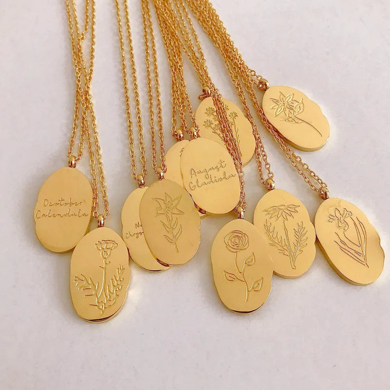 Stainless Steel Non Tarnish Free Joyas Jewelry Birthstone Gold Plated Birth Flower Pendant Necklace