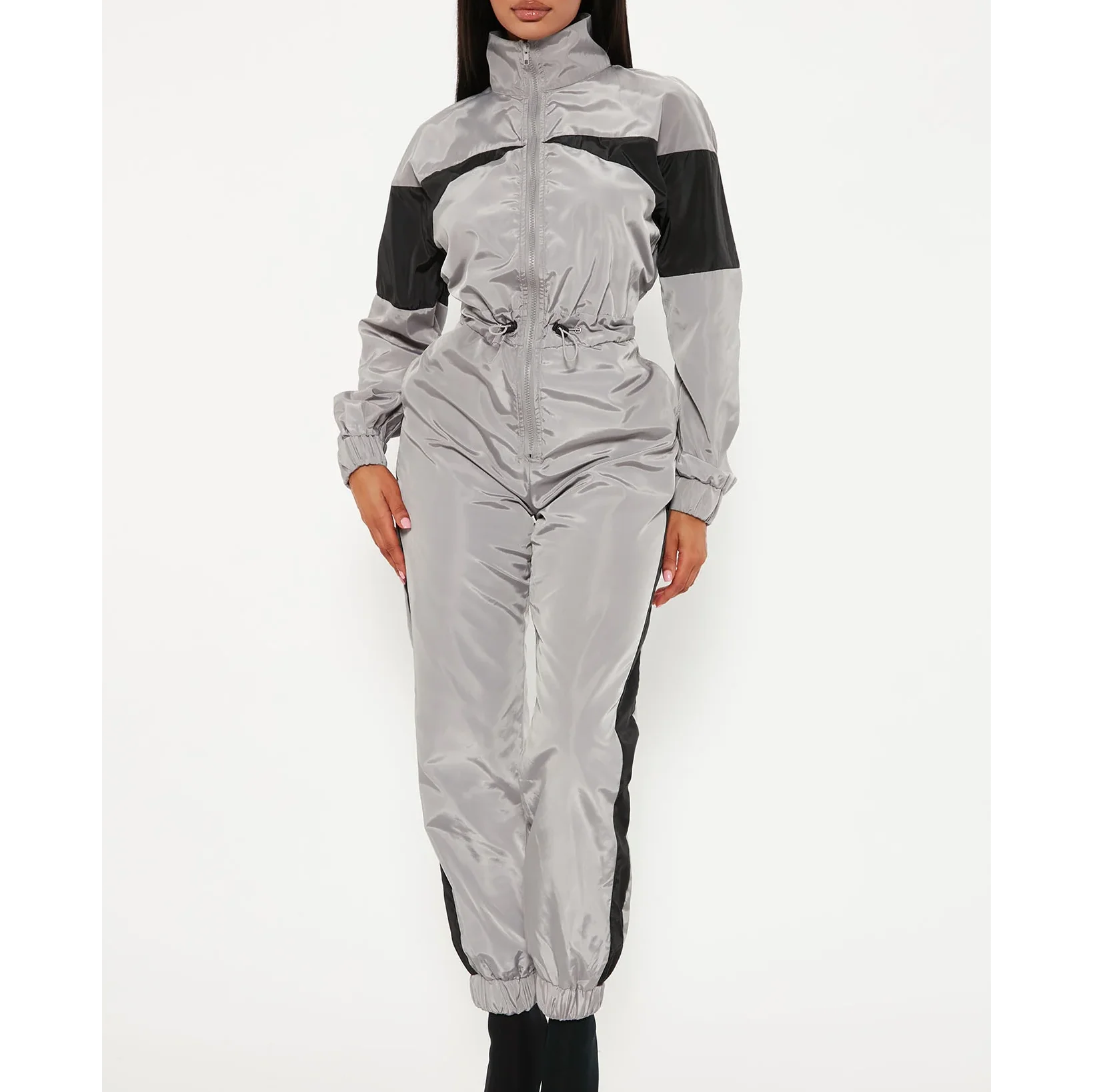 Contrast Color Mock Neck Windbreaker Jumpsuit Tracksuit Jumpsuit Set for Women Long Sleeve Pant Romper for Women Zipper