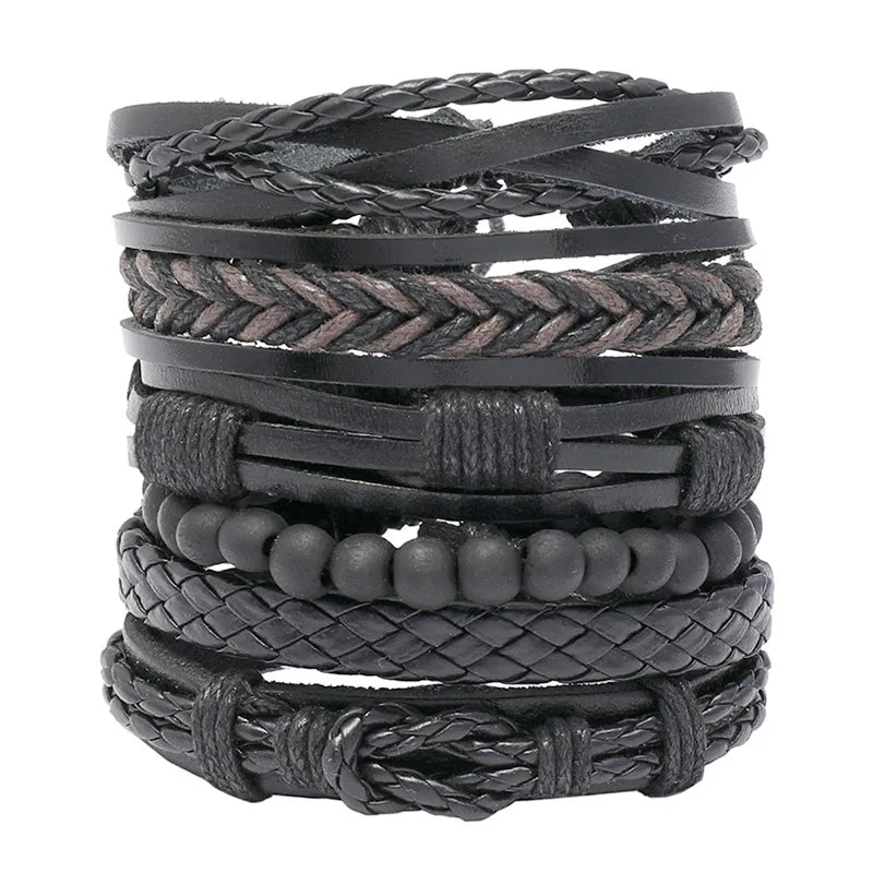 Hot Selling  DIY 6 Pieces/set Men's Leather Bracelet Handmade Braided Beaded Charm Bracelet Fine Jewelry for Men