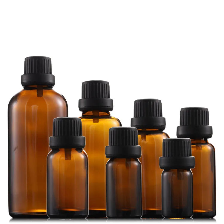 China Factory's Collection of 5ml to 100ml Amber Glass Bottles with Black Plastic Screw Cap for Essential Oils