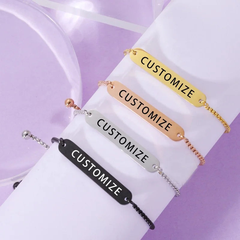 Tarnish Free Stainless Steel Logo Custom Engraved Blank Bar Bracelet with Adjustable Box Chain