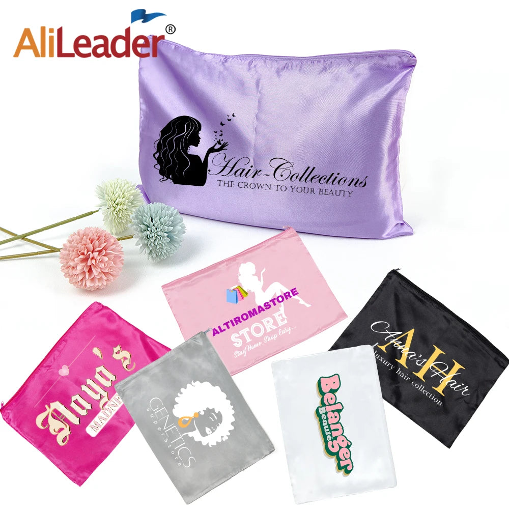 Custom Glossy Hair Extensions Wigs Storage Zipper Bag Packaging Gift Silky Satin Wig Bags Without Logo for Hair Bundles Closure