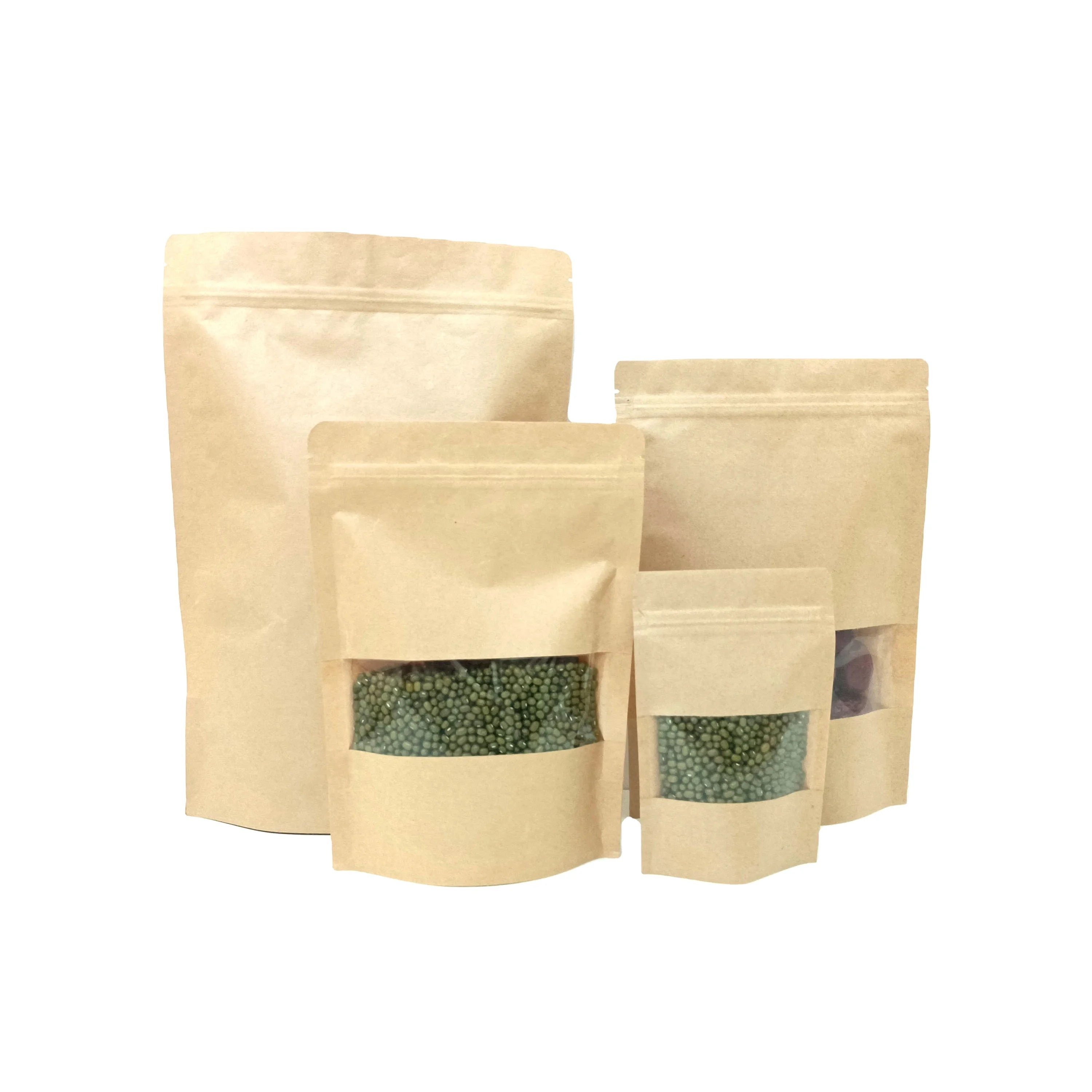 Brown Recycled Custom Printed Ziplock Doypack Kraft Paper Food Bag with Window Economical Coffee & Pizza Packing Solution