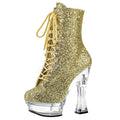 Crystal 14cm Thick Heel Gold Front Lace up High-heeled Short Boots T-stage Model Walk Show Queen High-heeled Shoes