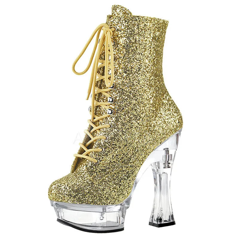Crystal 14cm Thick Heel Gold Front Lace up High-heeled Short Boots T-stage Model Walk Show Queen High-heeled Shoes