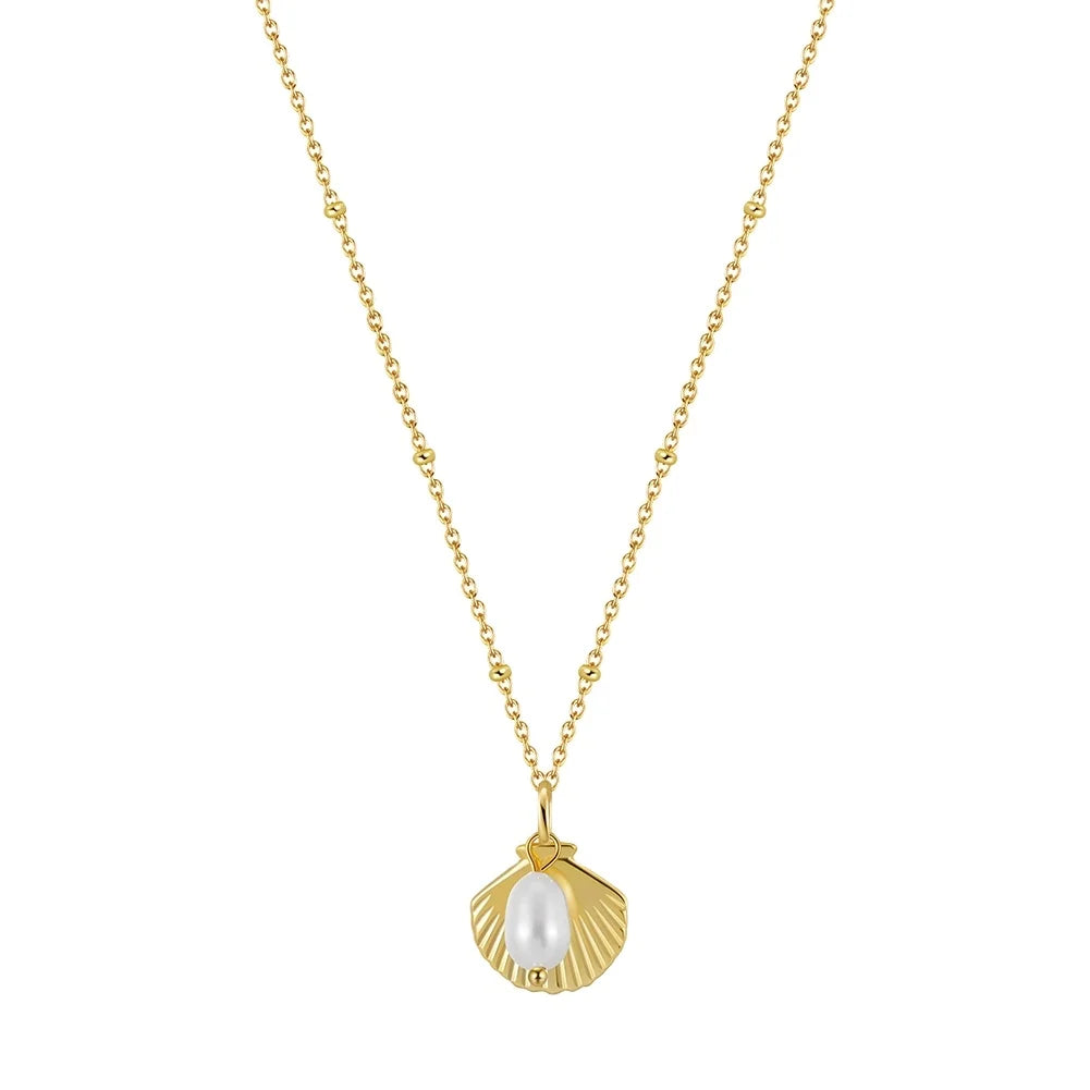 Rinnin GPN83 6mm Baroque Pearl with Shell Shape Pendant 925 Sterling Silver Pendant Adjustable Link Chain Necklace