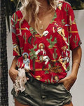 Vintage Western Style Women's Cowgirl Cactus Graphic Tee V Neck Short Sleeve Casual Daily T-Shirt Tops