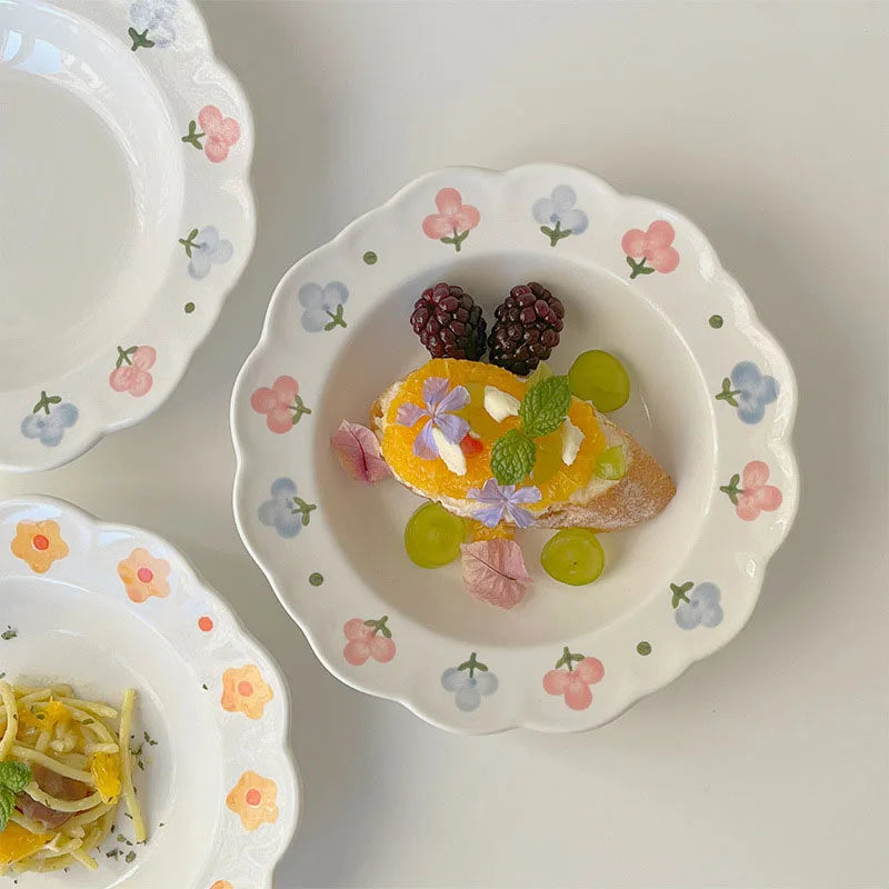 Retro Hand-painted Fresh Flowers Ceramic Plate Lace Straw Hat Pasta Dessert Plate