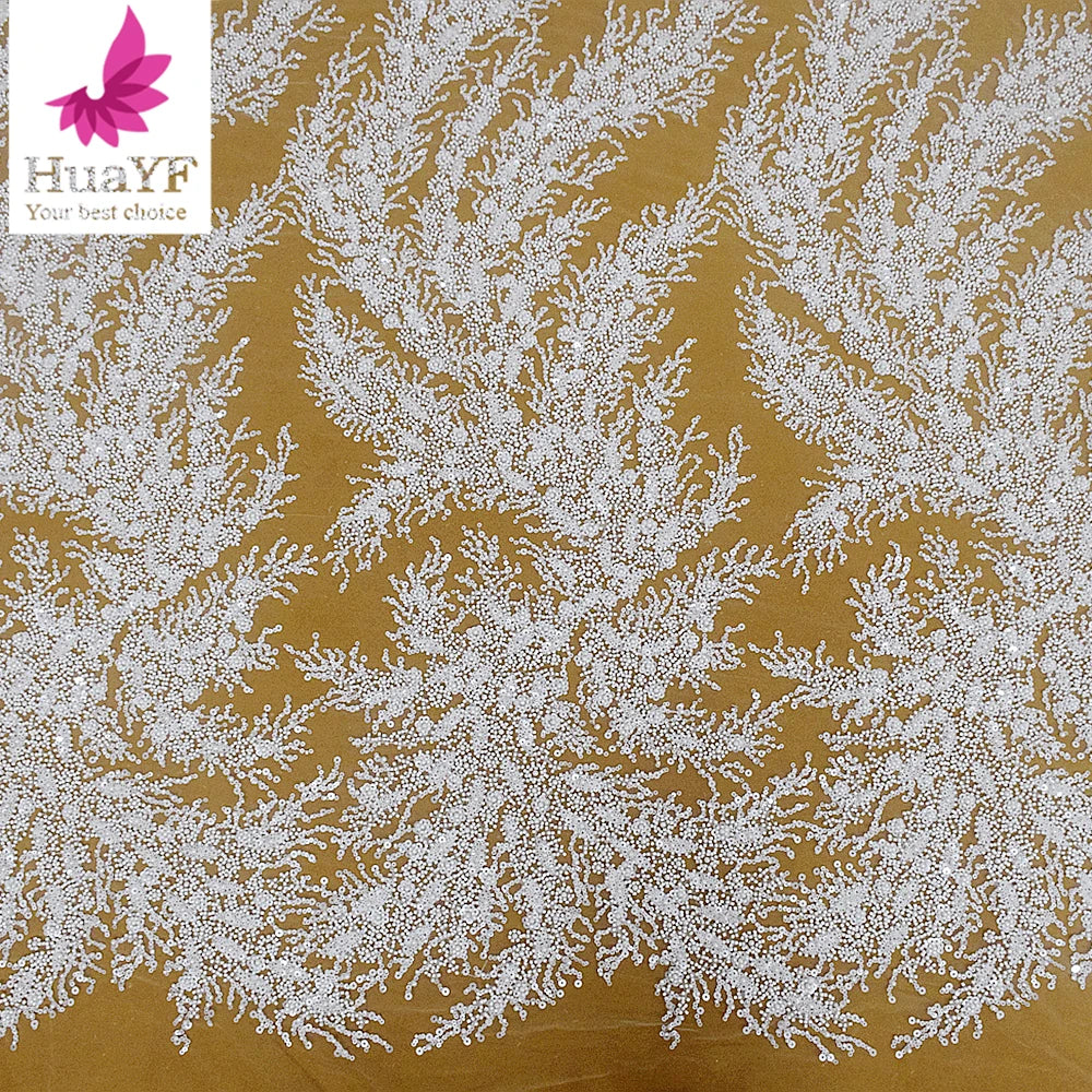 HY2753 New High-Density Beads Sequins Wedding Dress Fabric Shiny White Mesh Lace Fabric