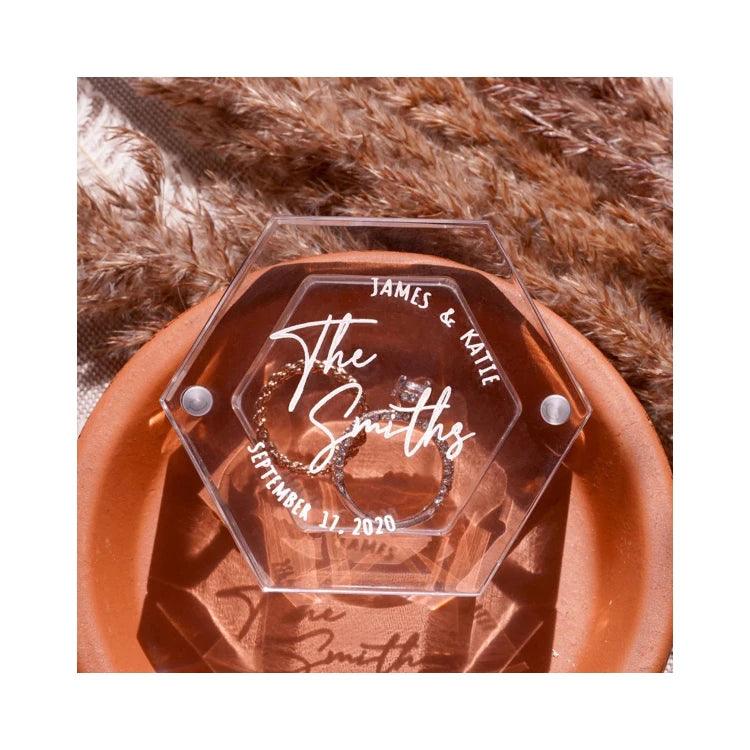 Hot Sales Modern Custom Multiple Logo Transparent Acrylic for Hexagon Wedding Rings Box Holder for Wedding Reception