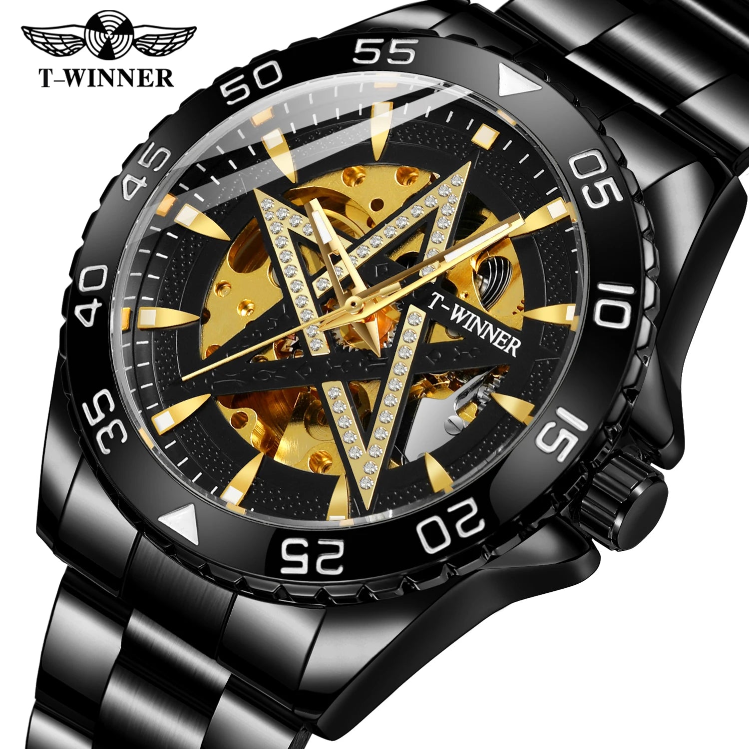 New Design T-WINNER Hip Hop Luminous Star Shape Luxury Gift Boy Exquisite Gold Punk Mechanical Automatic Wrist Watches for Men