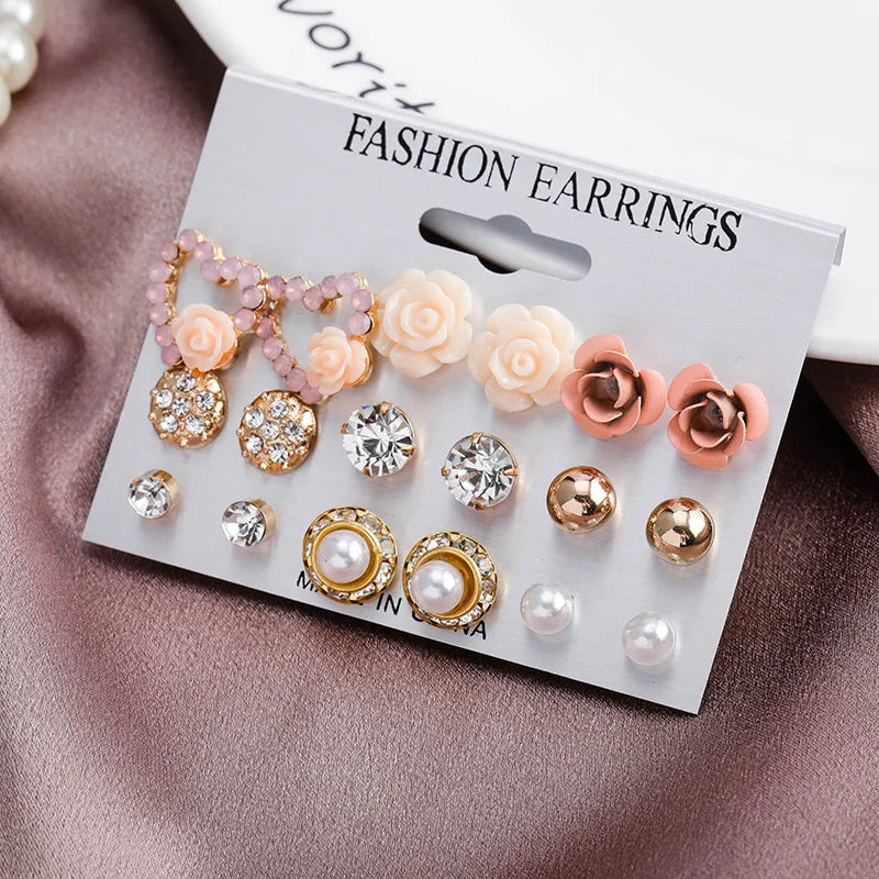 Vintage Turquoise Earrings Personality Gem Elephant Rose Flower Pearl Leaf Set Earrings Sets