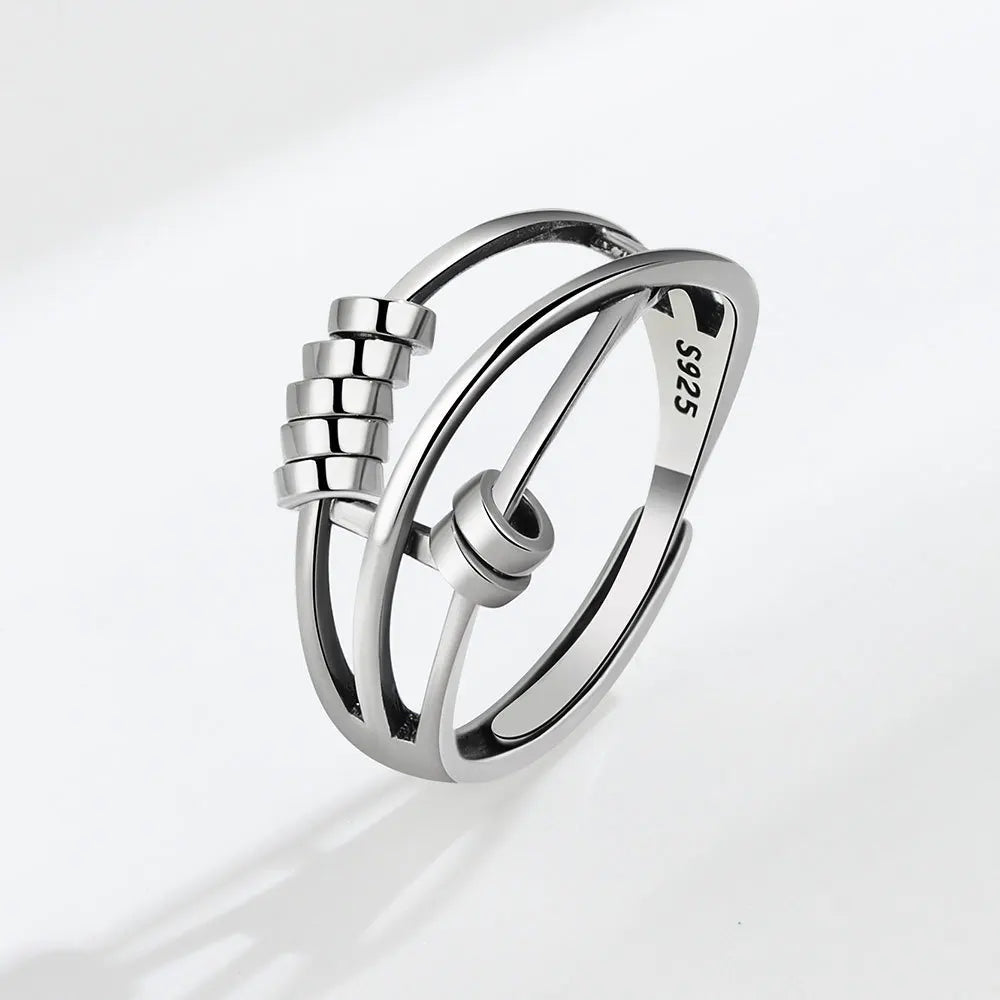 Anxiety Bead Stress Ring 925 Sterling Silver Three Layers Bead Adjustable Finger Ring for Women