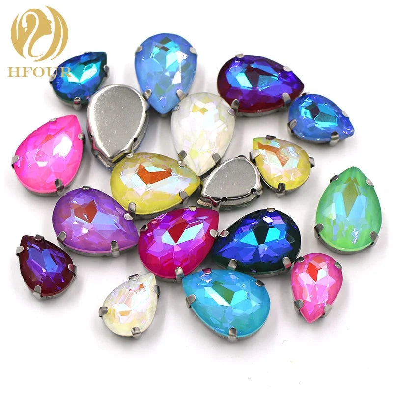 Candy AB Mocha AB Color Drop Shape Fancy Glass Strass Loose Claws Rhinestones With Sewn Setting