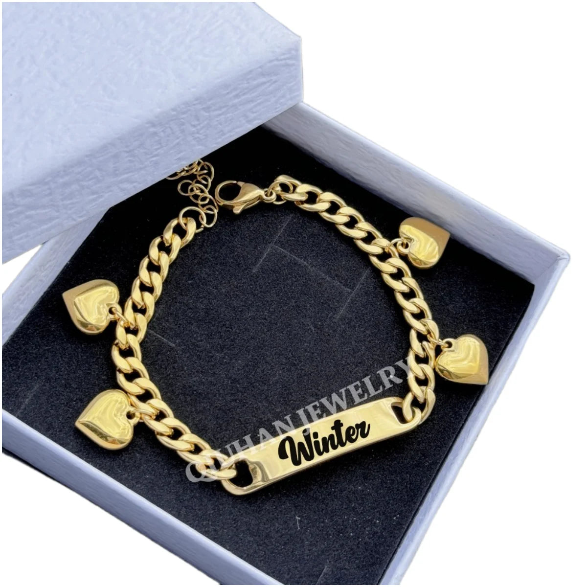 QIUHAN Customised Letter Bracelet Heart Charm Stainless Steel 14K Gold Engraved Name Bracelet