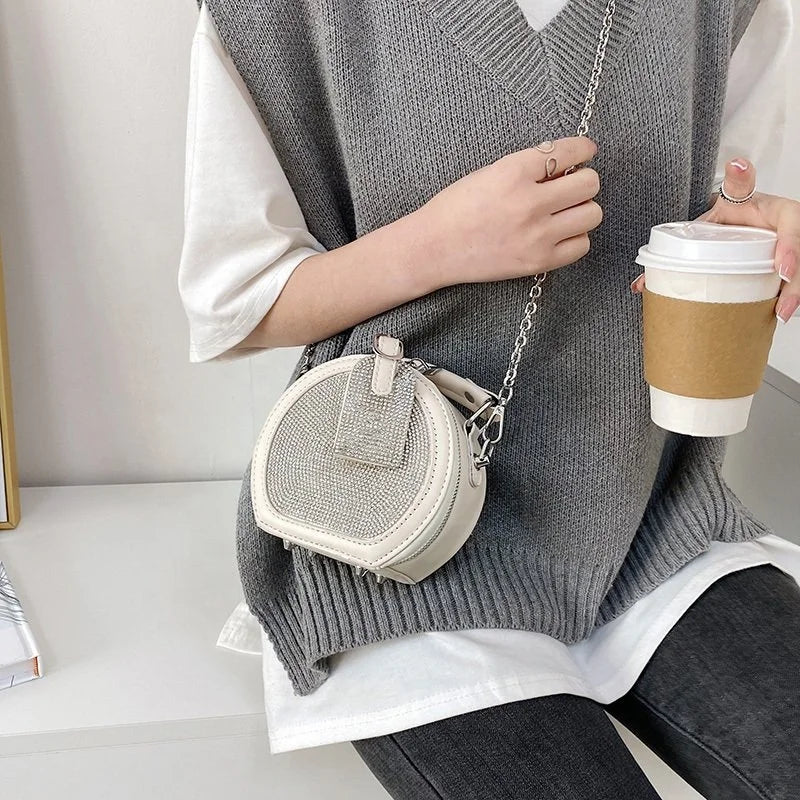 Mini Diamond Studded PU Leather Double Zipper Pulls Metal Removable Shoulder Strap Bottom Rivets Dinner Ladies Clutch Bag
