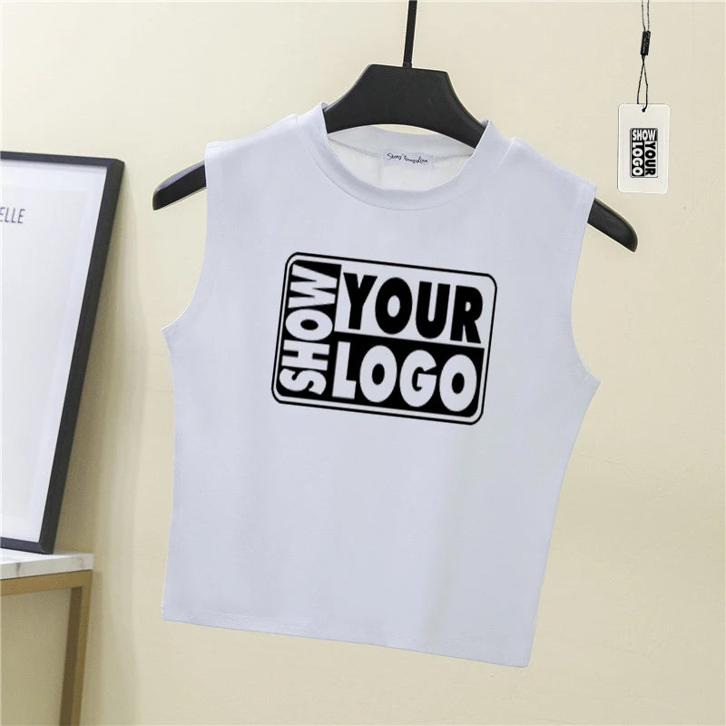Women's Sleeveless Cotton Crop Tank Top Half-High Neck Basic Design Custom Screen Printing Short Length Crop Top Logo Design