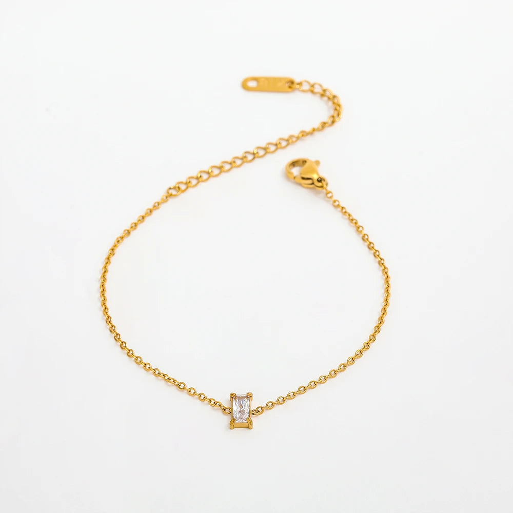 Fenny 18K PVD Gold Plated Waterproof Summer Holiday Basic Chain Rectangle Zirconia Pendant Stainless Steel Bracelet for Women