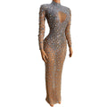 Luxury Long Sleeves Hollow Out Rhinestones See Through Bodycon Party Long Dress Women Stage Wear Plus Size Prom Evening Dress
