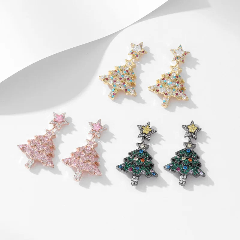 Wholesale High Quality Creative Fashion Temperament New Color Brass Diamond Christmas Tree Earrings